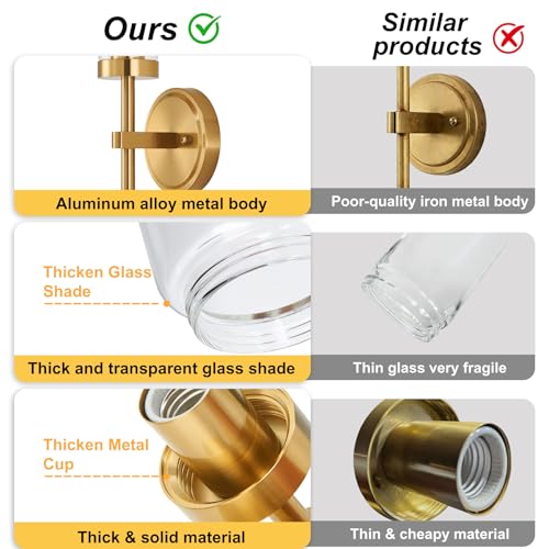 Hardwired Gold Wall Sconces Set of 2, Modern Bathroom Sconces Wall Lighting Vanity Light Fixtures with Clear Glass, Brushed Brass Wall Decor Lights for Mirror Living Room Bedroom Hallway Stairwell by SANTOSTOCK - Used condition - Image 4