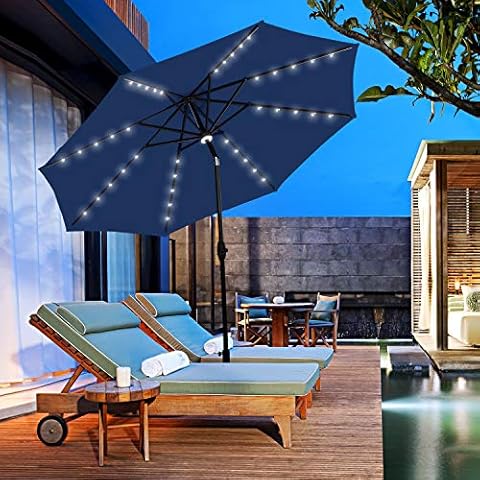 outdoor basic 10Ft Lighted Steel Patio Table Market Umbrella with Tilt and Crank for Garden,Deck,Backyard,Pool Navy Blue Cover