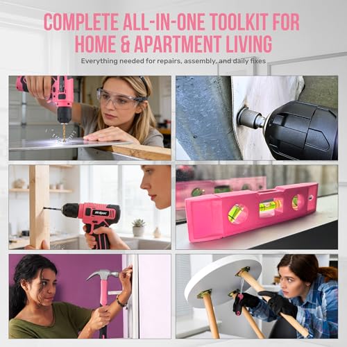 Image of Hi-Spec 8V Cordless Drill Set & Starter Tool Kit for Women, Pink | Ladies, USB Drill Driver, Essential Hand Tools, Compact, Tidy Home Projects, Screwdriving, Repairs, Light-Duty