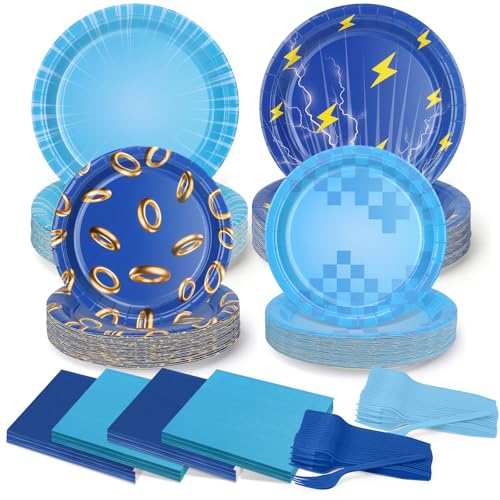 CENLBJ Party Paper Plates and Napkins Supplies | 200pcs | 50 7inch Dessert Plates | 50 9inch Disposable Plates | 50 Napkins | 50 Forks for Baby Shower Birthday Video Game Hedgehog Cartoon