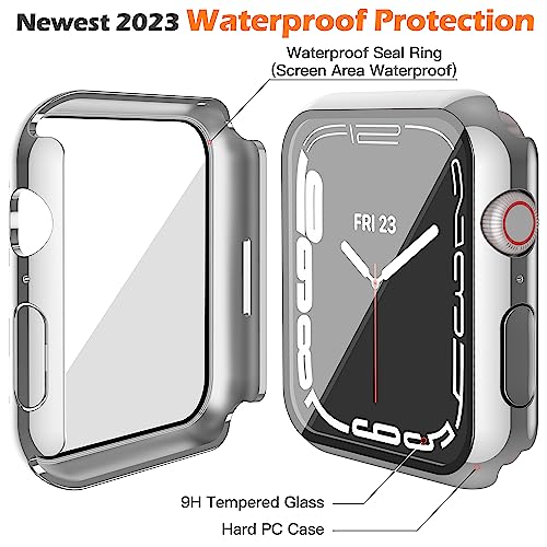Image of Misxi [2 Pack] Waterproof Anti-Scratch Case with Button for Apple Watch Series 9 (2023) Series 8 Series 7 41mm, Hard PC Cover with Tempered Glass Screen Protector for iWatch, 1 Silver + 1 Transparent