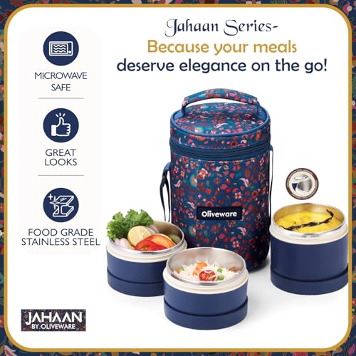 Image of oliveware Rusty Lunch Box | 2x420ml + 1x600ml Stainless Steel Containers | Leak-Proof, Insulated, BPA-Free, Microwave-Safe | with Premium Carry Bag | Ideal for Office, School & Travel (Blue)