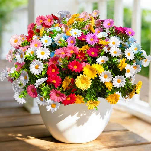 Cherica 12Pcs Artificial Flowers for Outdoors UV ResistantColorful Daisy Fake Flowers Bouquet Weatheroof Faux Flowers for Outdoor Planter Real Touch Silk Flowers for Front Door Garden Proch Patio
