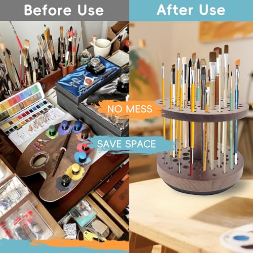 Image of 360 Rotating Hardwood Paint Brush Holder, Artist Desktop Storage Organizer