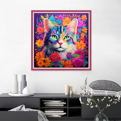 Image of Joyhoor Cross Stitch Kits for Beginners Stamped Cross-Stitch Supplies Needlework preprint Embroidery Kits for Adults DIY Needlepoint Kits Embroidery Patterns 11CT-Flower Cat 18.x18 inch