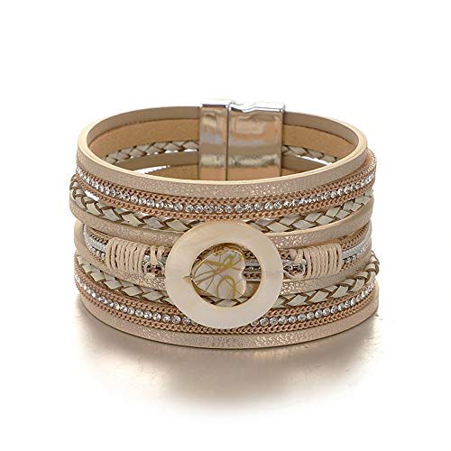 UEUC - Pulsera de piel con múltiples capas de perlas y hebilla ancha Boho, brazalete impermeable para mujer