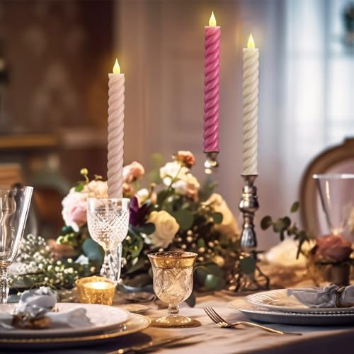 Image of Baquler 6 Pcs Pastel Pink Flameless Taper Candle Twisted LED 9.65 Inch Taper Candles Battery Operated Spiral Candlesticks for Valentine Wedding Birthday Home Party Holiday Dinner Fireplace