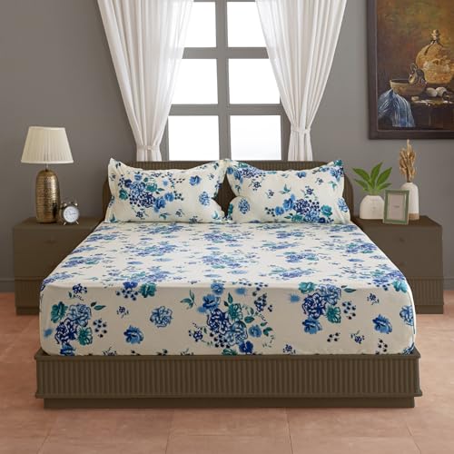 Image of Swayam Pure Cotton Double Bedsheet with 2 Pillow Covers | Size 90 x 100 inch | 160 TC | Floral Design | Soft Breathable Bed Sheet | Comfortable & Durable for Bedroom - Cream & Blue