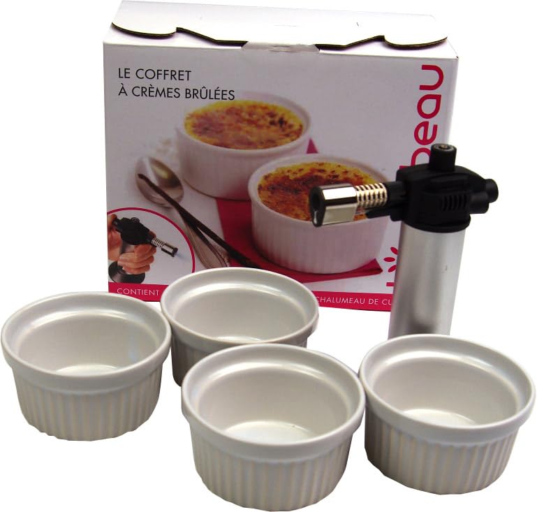 BIRAMBEAU Coffret Crèmes Brûlées : 4 Ramequins Porcelaine + Chalumeau Cuisine - Idéal Pour Desserts Gourmands
