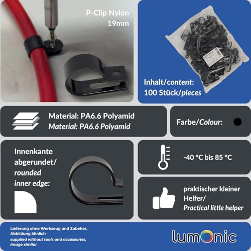 100x P-Clip for Cable 19mm Black Nylon Cable clamp Cable Fixation Chassis Clamps, 19 mm - Image 3