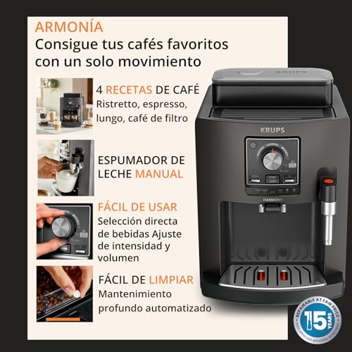 Miniatura 6 de KRUPS Harmony, Cafetera Superautomática, 4 Bebidas, Espumador Leche, Carbón | 4 Bebidas de café y leche + Espumador de leche, Fácil de usar, Limpieza automática, Función de doble taza, Compacta, EA508B