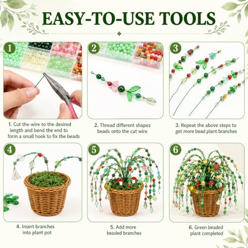Image of 4248 Pcs Beaded Plant Kit, Green Beads for Beaded Plants with LED Lights