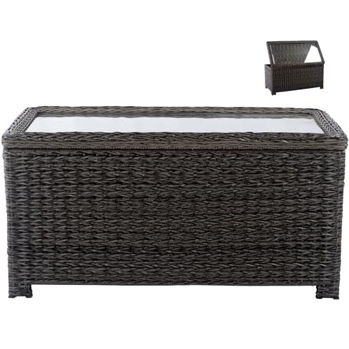 Krikacy Classic Wicker Patio Coffee Table with Storage 40 All-Weather Rattan Outdoor Coffee Tables Tempered Glass Flip-Top Waterproof for Porch Backyard Dark Brown