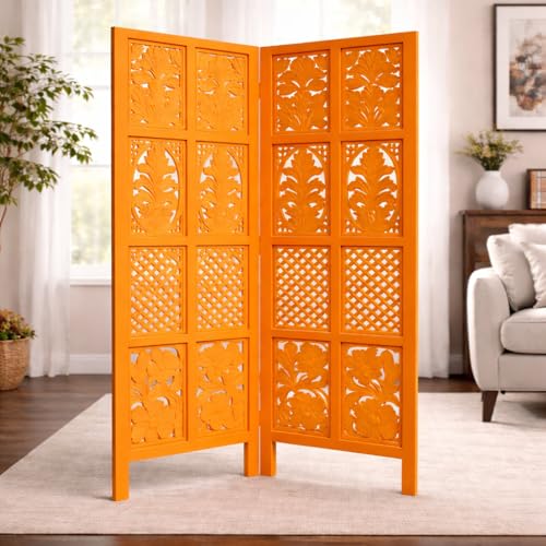 Image of Wooden Room Divider | MDF Privacy Screen Partition | Freestanding Folding Floor Panel | Decorative Carved Handicraft Separator for Living Room, Bedroom & Office (Orange, 5 feet 2 Panels)