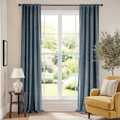 Image of Dark Slate Velvet Curtains Rod Pocket 42x120 Inch 2 Panels | Soft Velvet, For Tall Windows & High Ceilings, Light Shifting Texture, Elegant Luxury Drape, Serene, Fresh