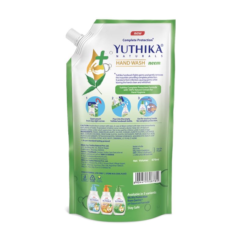Yuthika Germ Protection Neem Hand Wash liquid Refill 675ml | Antibactirial Handwash with PH balanced Formula