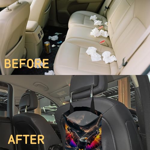 Image of Colorful Bald Eagle Car Trash Bag,Lightning Sky Strap Drawstring Car Garbage Bags,Car Back Seat Organizer with Adjustable Buckle for Car Accessories