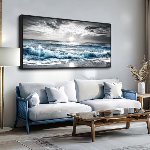KELIYUAN Large Canvas Wall Decor For Living Room Wall Art For Bedroom Office Wall Decorations Black Frame Beach Wave Scenery Pictures Artwork For Modern Stretched and Framed Beach Posters 24"X48"