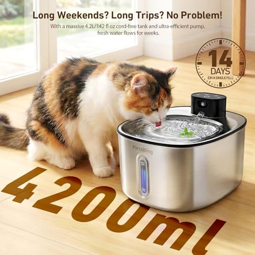 Fuente de agua para gatos PartsBling recargable 4.2L acero miniatura 3