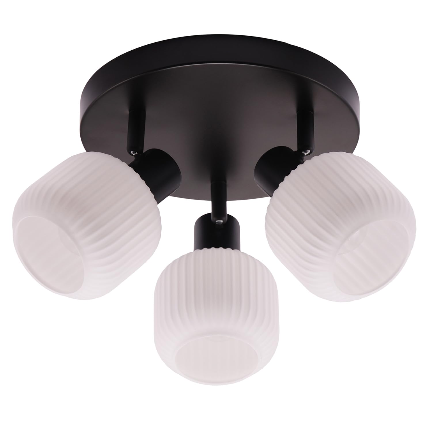 Happy Homewares Unisex Black Modern Designer Matte Spot Ceiling Light With White Ribbed Glass Shades 15Cm