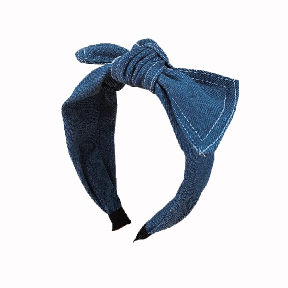 Blue Wide Denim Headband Cute Top Bowknot Hair Hoop Elastic Hairband for Washing Face Elegant Hair Accessory
