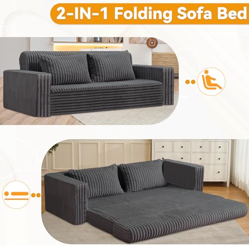 Image of HABUTWAY 78 inch Loveseat Boneless Couch, 4-in-1 Convertible Sofa Bed, Plush Fur Folding Futon Sofa Bed Couches with 2 Pillows for Living Room, High-Density Foam Support, No Assembly Required, Grey