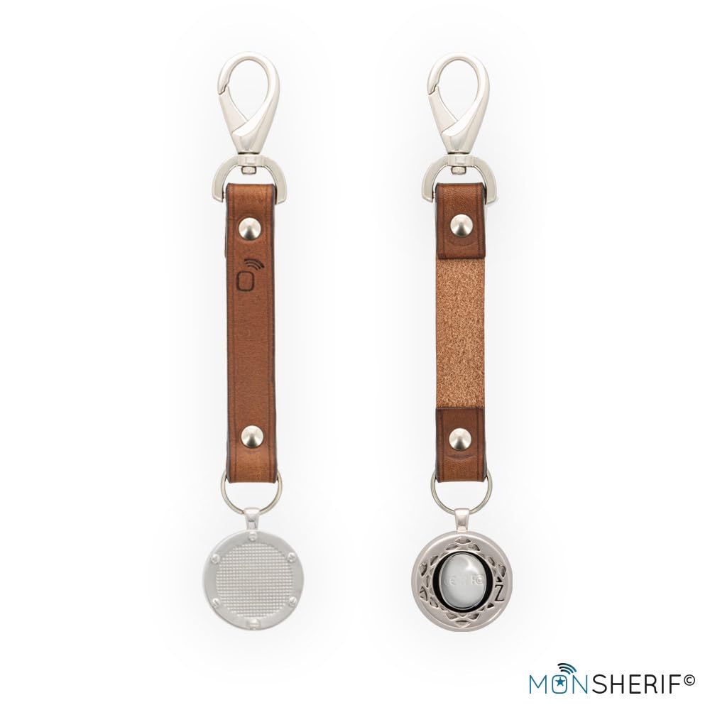 Bouton d'alerte MONSHERIF + médaillon hublot argenté avec lanière Marron : l’élégance au Service de la sécurité avec Un Bouton d’Alerte connecté Discret