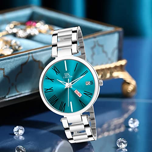 Image of IIK COLLECTION Watch for Women Round Studded Dial |Day and Date Quartz Movemnet |Long Battery Life|Stainless Steel Bracelet Chain Strap|Double Lock Clasp Safety Watches for Girls