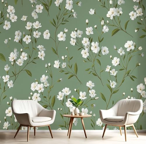 Papier peint panoramique fleurs blanches pour masquer mur salon