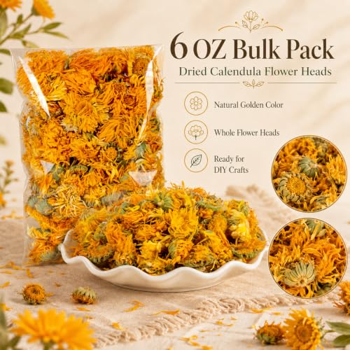 Image of Sukh 6oz Dried Calendula Flowers Bulk - Natural Marigold for Soap Making | Calendula Herb Dried Flowers for Candle Bath Bombs Sachets, Wedding Home Event Decor, Natural Botanical DIY Craft Supplies