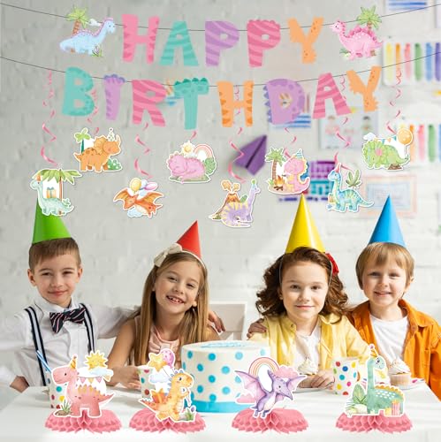 Image of Girl Dinosaur Party Decorations, 14 PCS Pastel Dino Happy Birthday Banner Hanging Swirls Table Decor, Pink Girly Cute Dinosaur Bday Party Supplies