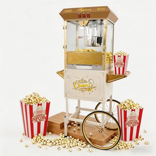 Image of Commercial Popcorn Machine with Cart - 16 OZ Kettle Popcorn Makers with Heating, 3-Switch Control & Tempered Glass Doors, for Office, Schools, Home, Carnival, Movie Theath, Parties, Christmas, White