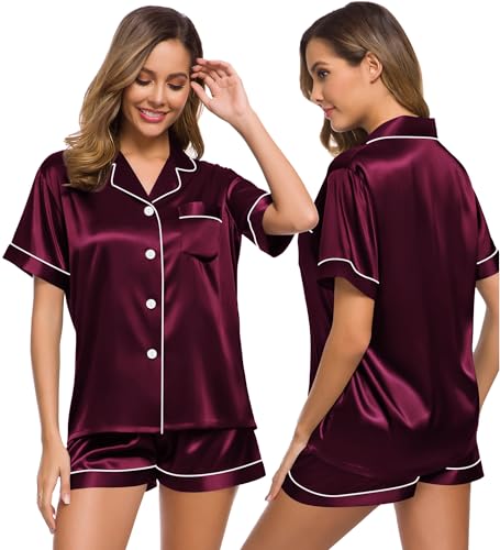 Image of SWOMOG Womens Silk Satin Pajamas Set Short Sleeve Sleepwear Button Down Top and Shorts Loungewear 2 Piece Pjs Set XS-3XL
