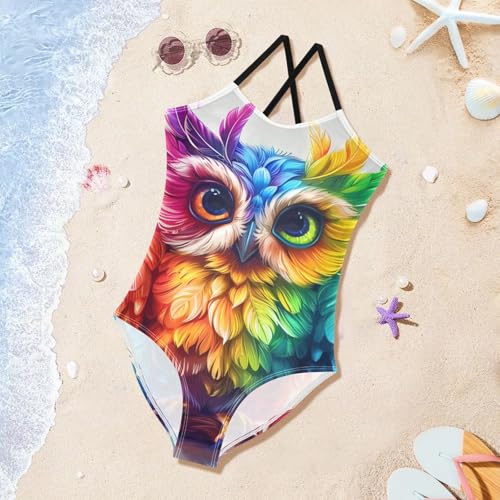 Image of ALAZA Rainbow Cute Owl Girl's Swimsuits Bathing Suit One Piece Beach Swimwear