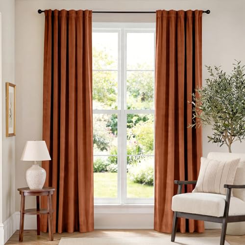 Image of Burnt Orange Velvet Curtains Warm Rod Pocket 52x84 Inch 2 Panels | Soft Velvet, Room Darkening, For Bedroom & Living Space, Light Shifting Texture, Elegant Drape, Luxury