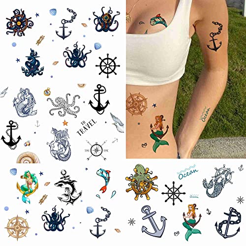 Tattoonova 24 Sheets Temporary Tattoo Women Adults Octopus Party Favors Mermaid Body Face Sleeve Anchors Fake Tattoos #TOP10