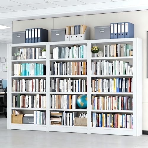 Image of Heavy Duty Metal Bookshelf, 5-Tier Industrial Bookcase with Adjustable Shelves, Large Storage Bookshelf for Living Room, Office, Library, 69 inch H x 102.6 inch W, White