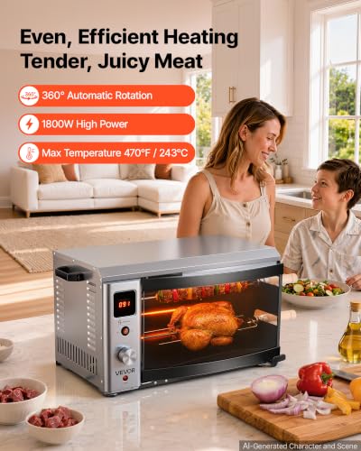 Image of VEVOR Countertop Vertical Oven Brazilian Flame 2 Auto Rotating Skewers | for Steak, Fish, Lamb Leg, 1800W Rotisserie Shawarma Machine, Electric Meat Kebab Grill, with Curved Glass Door, Drip Tray