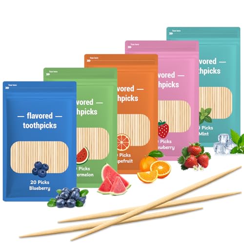 Flavored Toothpicks 5-Flavor Combo Pack (Strawberry Grapefruit Blueberry Watermelon Mint) - Premium Birchwood Toothpicks for Habits Support and Keeping Mouth Busy Zero Sugar Fruit Picks (100ct)