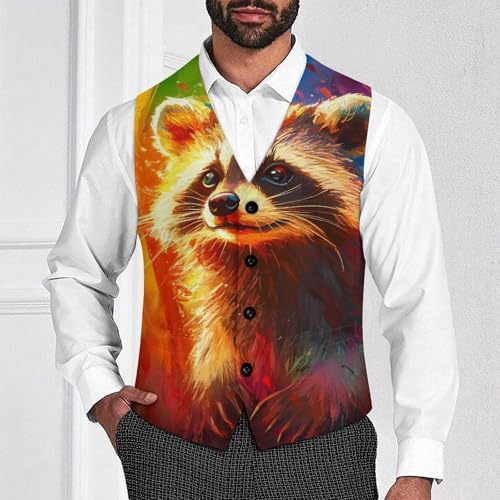 Feral Raccoon Rainbow Suit Vest for Men Slim Fit Sleeveless Jacket V Neck Business Waistcoat Button Up Dressy Top4