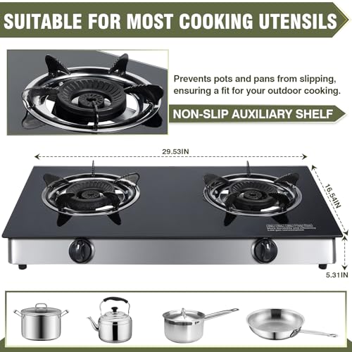 Image of BESTFIRE 2-Burner Propane Gas Cooktop, 30,000 BTU Portable Tempered Glass Stove with Auto-Ignition, CSA Certified Regulator & Hose, Double Burner Stove for Camping, RV & Patio