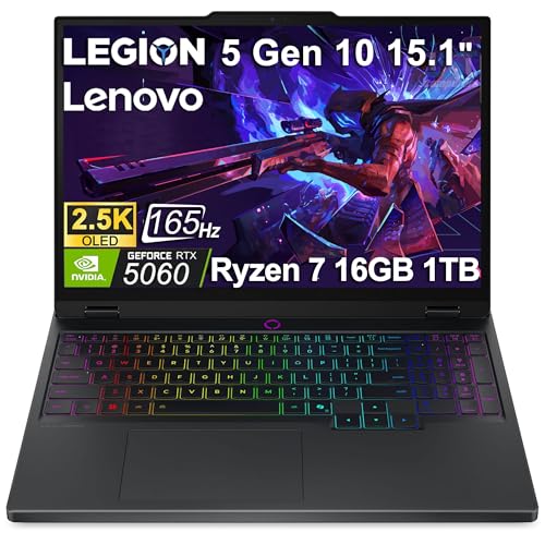 Image of Lenovo Legion 5 Gaming Laptop (15.1 inch 2.5K OLED G-SYNC 165Hz, NVIDIA RTX 5060 8GB, AMD Ryzen 7 260 (> i7-1355U), 16GB DDR5, 1TB SSD), 24-Zone RGB Backlit, Wi-Fi 7, 5MP Webcam, RJ45, Win 11 Home