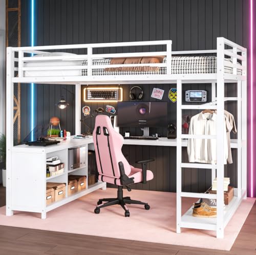 Image of Bellemave Queen loft Bed with L Desk, Wardrobe, Metal Queen Size Loft Bed Frame for Adults, Kids, Teens, White