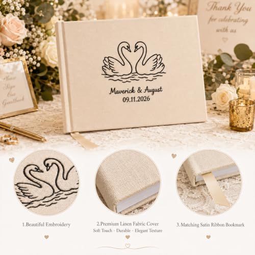 Image of Custom Embroidered Wedding Guest Book with Name & Pattern Linen Cover Album