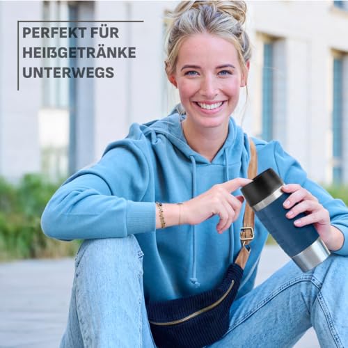 EMSA Travel Mug, Classic Thermobecher, 0,36 L, Doppelwandige Vakuumisolierung, 4 Std. heiß, 8 Std. kalt, 360° Trinken, Soft-Touch Silikonhülle, Edelstahl, Blue, 513357 3