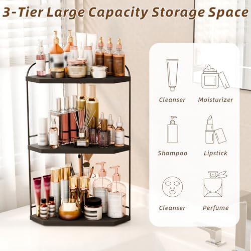 Image of Corner Bathroom Counter Organizer, 3-Tier Wood Countertop Organizer for Perfume, Makeup Storage, Skincare Organizers for Vanity, Counter Corner Shelf for Kitchen, Bathroom, Dresser (Black)