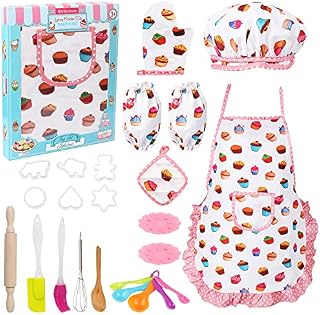 Vanmor Cute Kids Cooking and Baking Set, 24 Pcs Kids Aprons for Girls Toddler Chef Hat Apron Dress Up Chef Costume, Little Girl Apron Set Pretend Gifts for 3 4 5 6 7 8 Year Old Girls