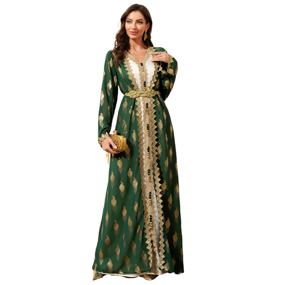 Middle Eastern Modest Maxi Dress - Muslim Moroccan Kaftan Abaya for Women Gold Embroidered Eid Dress Islamic Traditional Wear