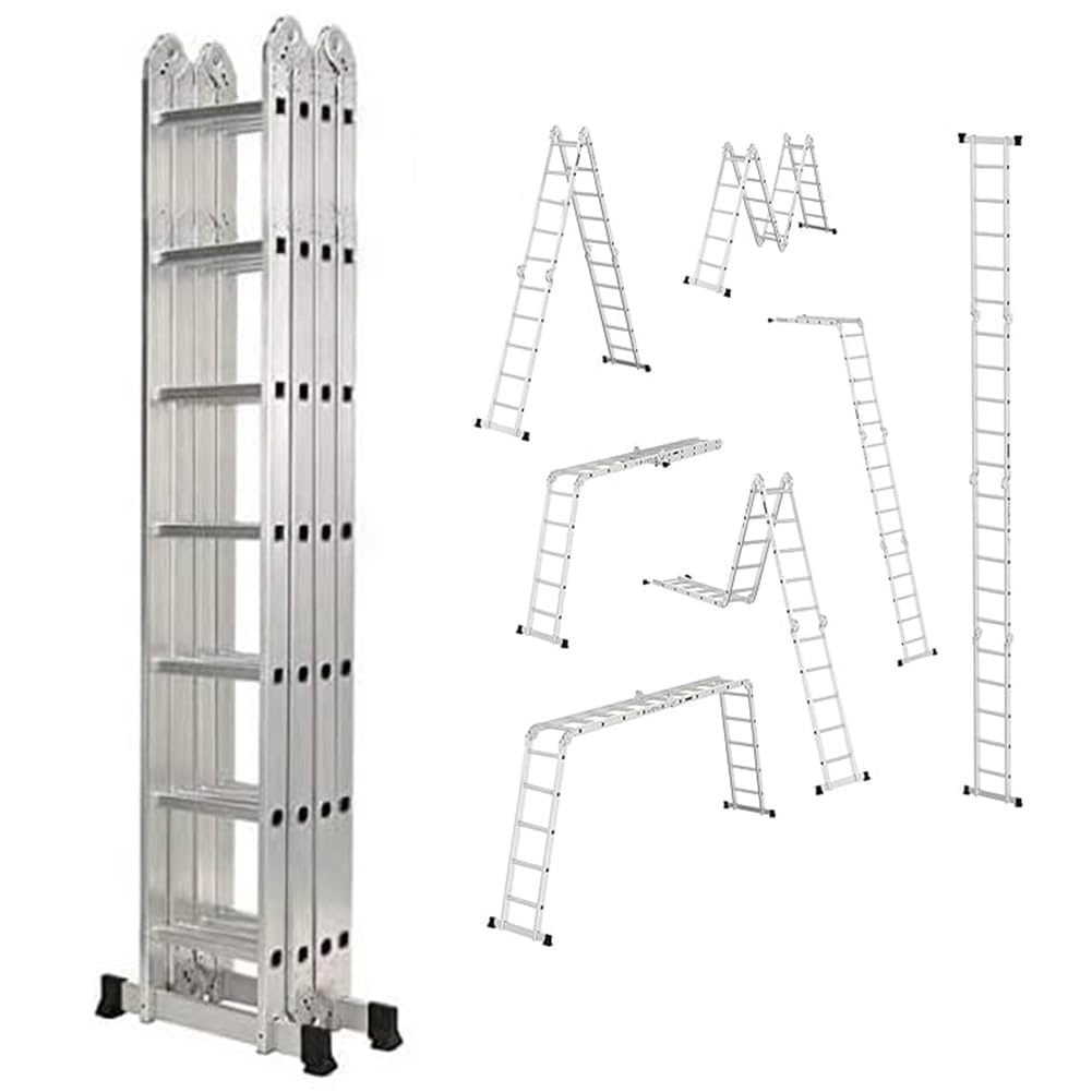 QXRSOP 26FT Folding Step Ladder Multi-Purpose Aluminium Extension Ladder 7 in 1 Heavy Duty Combination Step Ladder Max Load 330 LBS with Safety Locking Hinge Anti-Skid Texture 4x7 Step 8 Meters(8m)