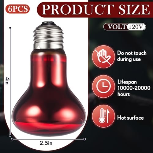 Image of VIHOSE 6 Pack 100 W Reptile Heat Bulbs Red Heat Lamp Bulb Infrared Lamp Red Basking Light Bulbs for Reptiles, Bearded Dragon, Lizard, Tortoise, Chickens, Leopard Gecko, Amphibian, Pets